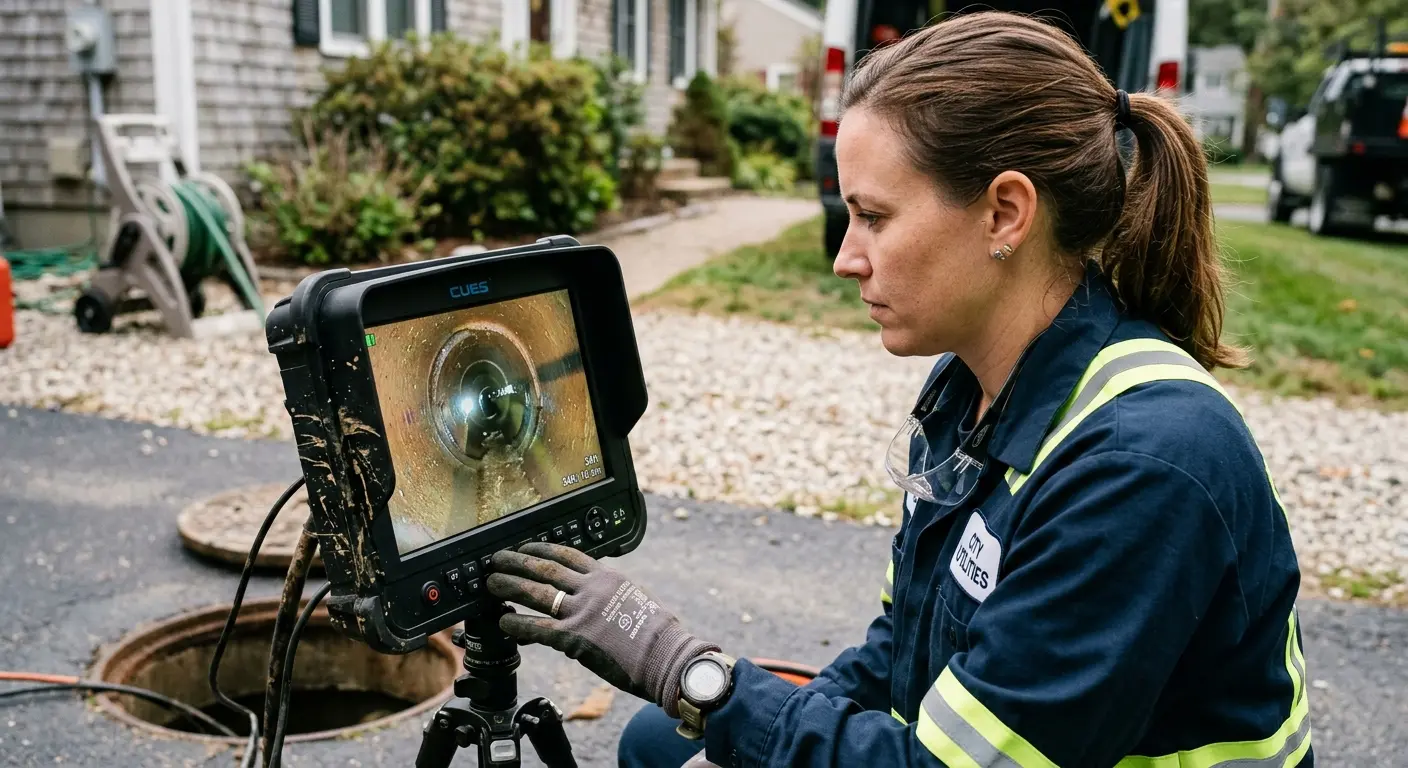 Technician reviewing sewer camera inspection footage in Westborough