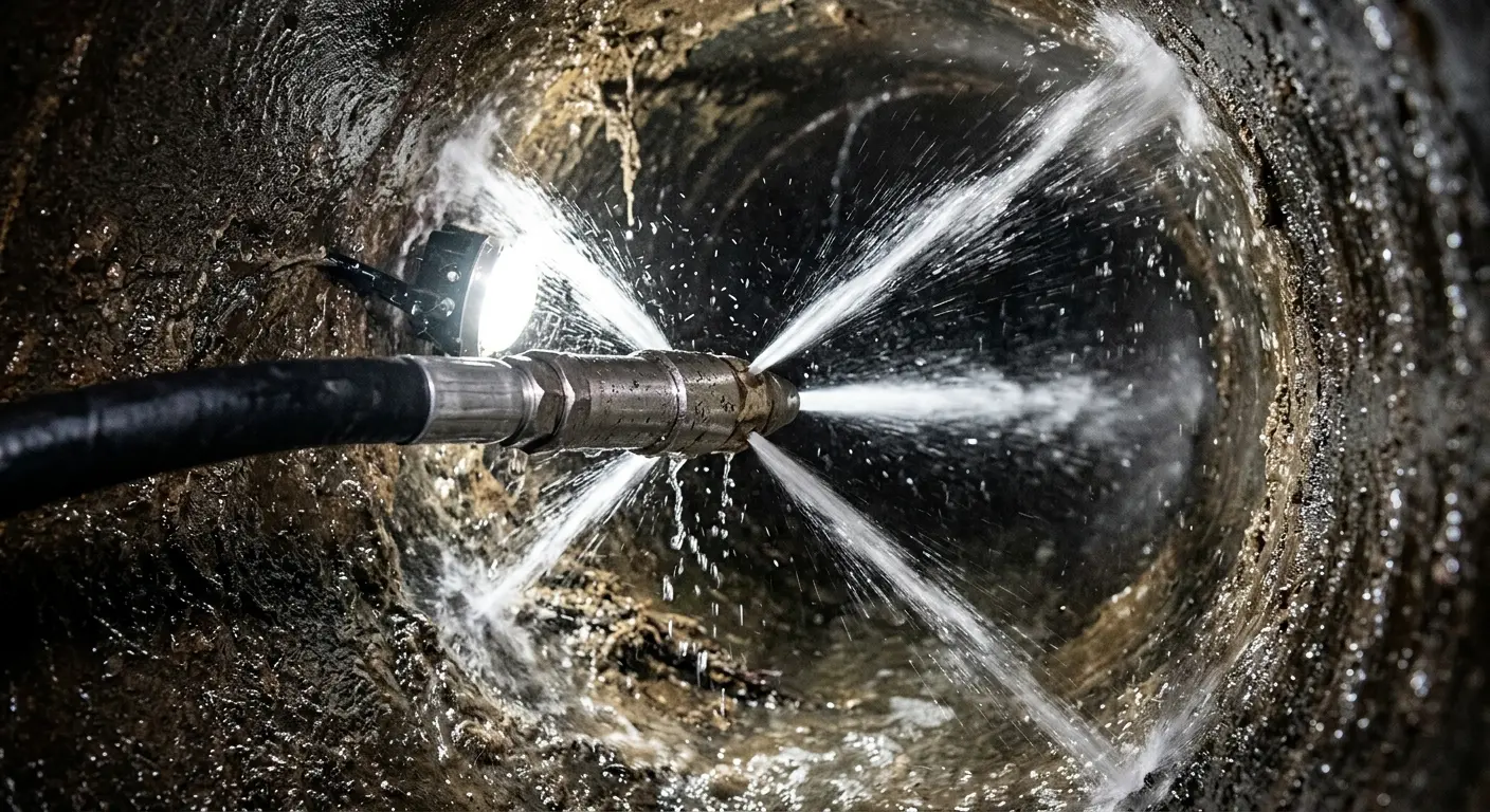High-pressure hydro jetting nozzle cleaning sewer pipe for Trenchless Sewer Repair in Westborough