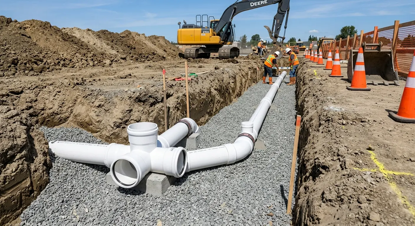 New PVC sewer pipe installation in open trench for Commercial Drain Cleaning in Westborough