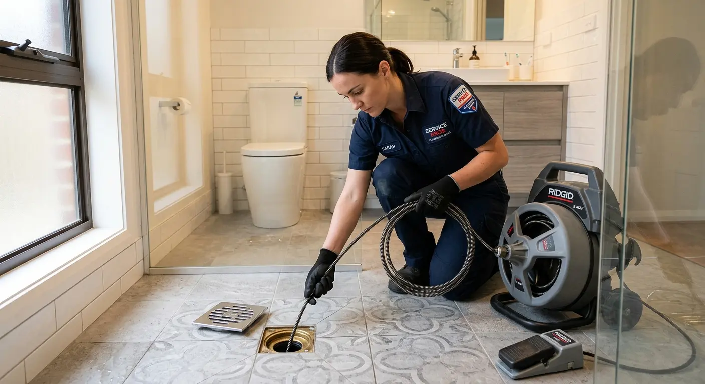 Technician clearing a bathroom floor drain for Clogged Drain Repair in Westborough
